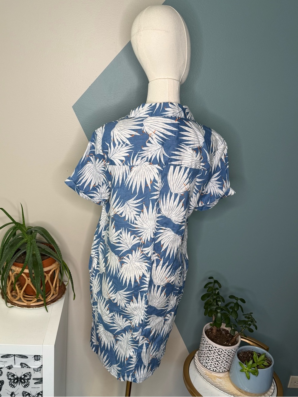 Rachel Zoe 100% Linen Palm Leaf Shirt Dress Coastal Resort Vacation Blue Small - Picture 4 of 10